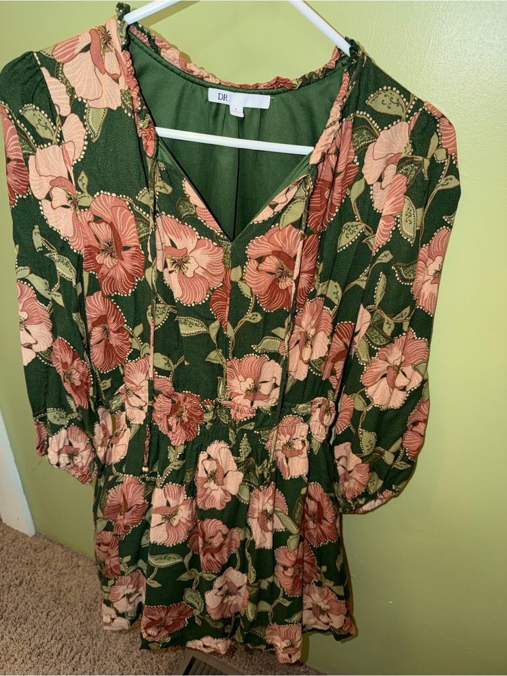 DR2 Olive Green Midi Dress with Blush Floral Print